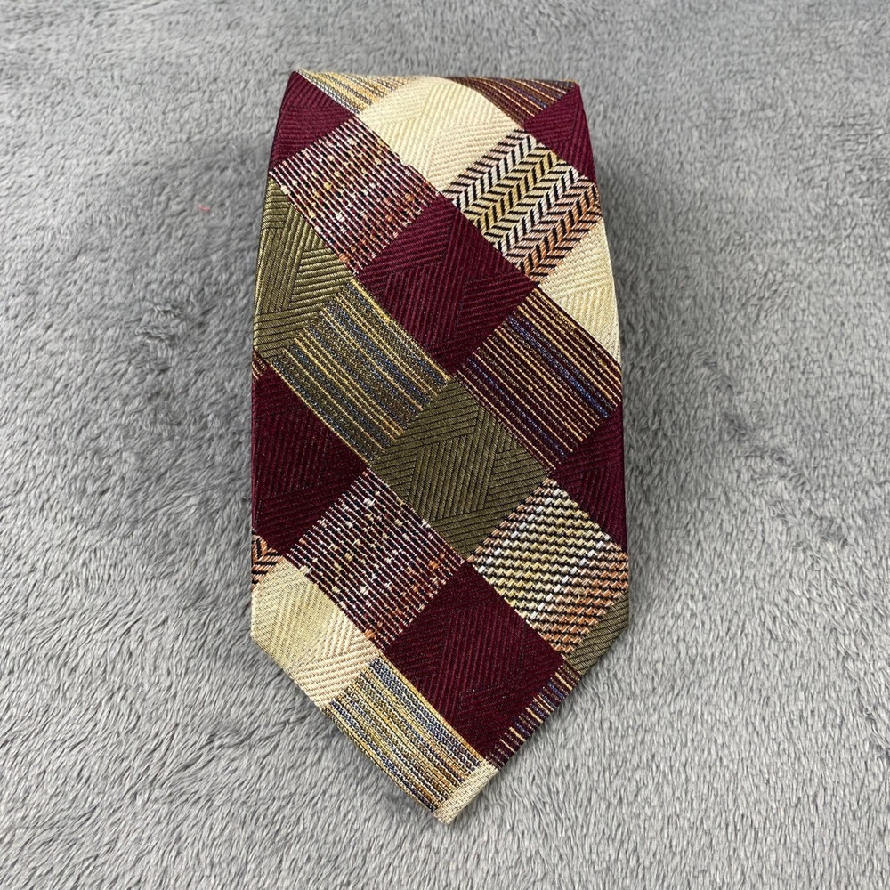 Jos A Bank Tie Mens OS Burgundy Premier Collection Silk Patchwork Geometric USA